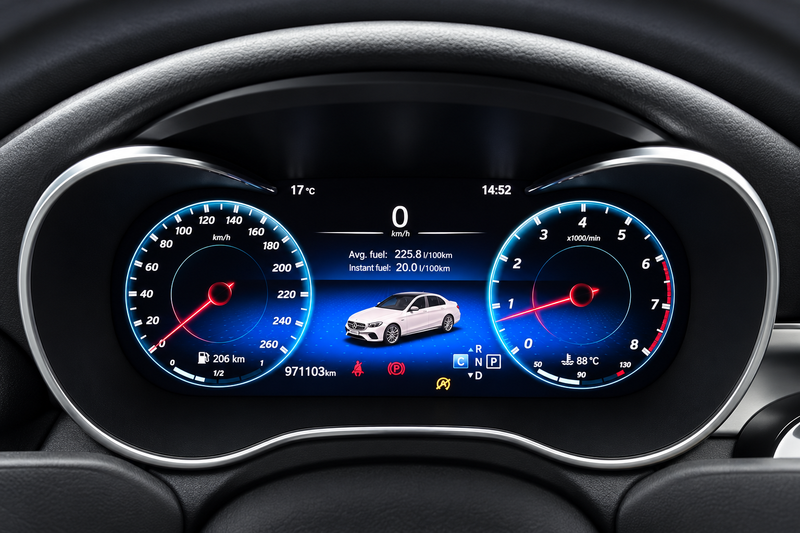 Digital instrument gauge cluster with blue dials and English display labels