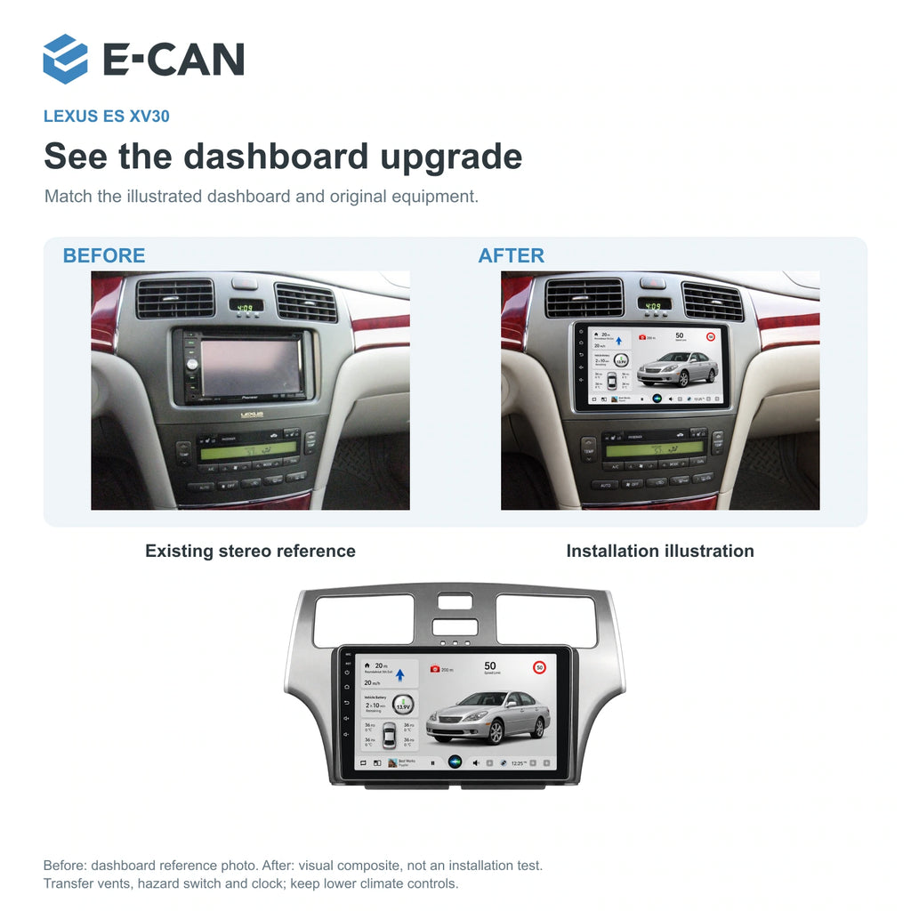 Factory dashboard reference and installation illustration for Lexus ES XV30 XV30 2001–2006