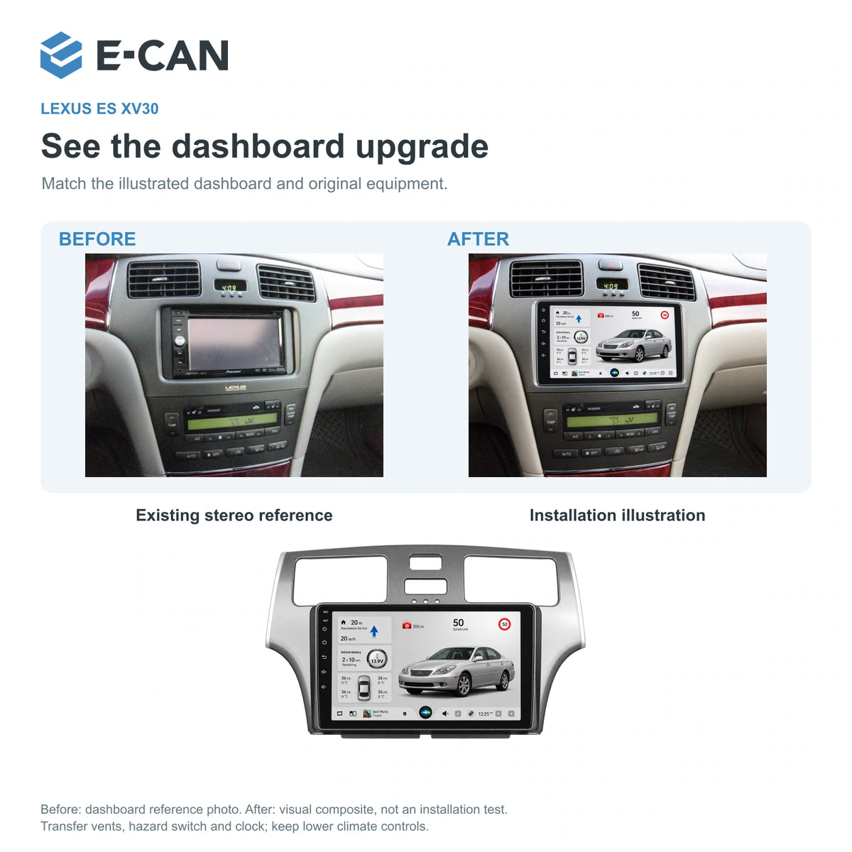Factory dashboard reference and installation illustration for Lexus ES XV30 XV30 2001–2006