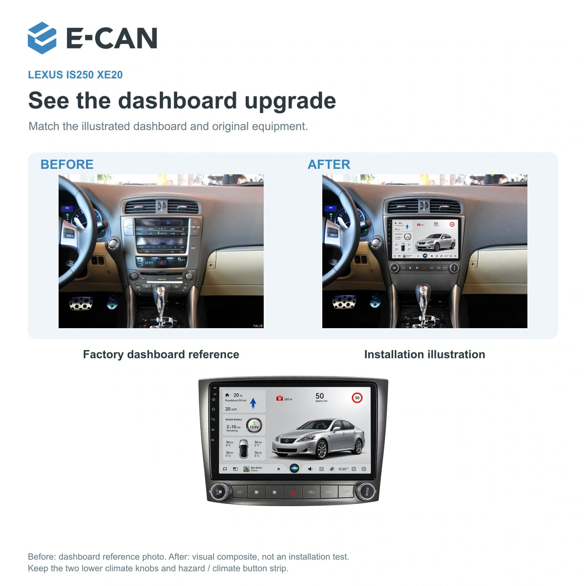 Factory dashboard reference and installation illustration for Lexus IS250 XE20 XE20 2006–2012