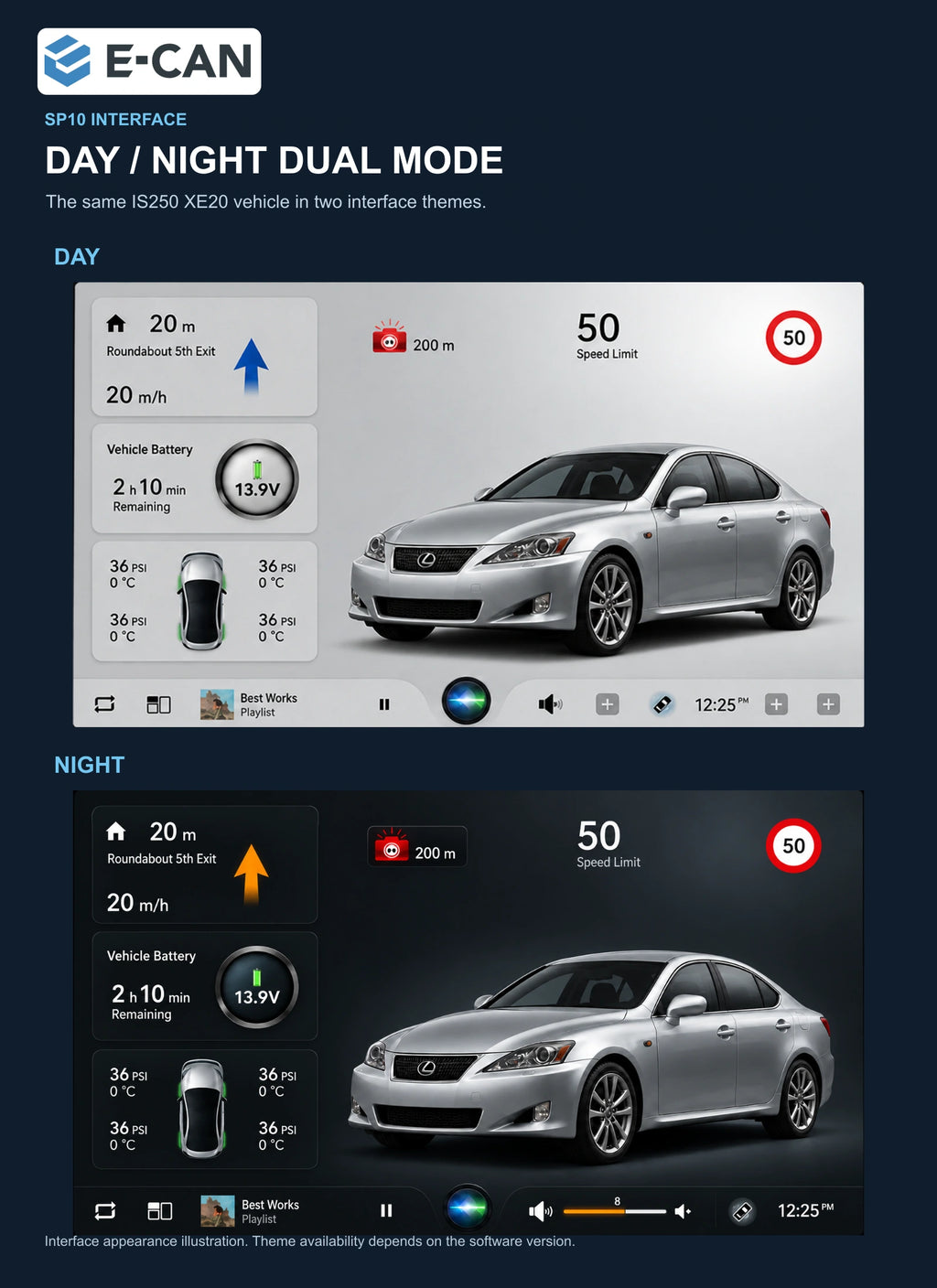 SP10 day and night interfaces with the same IS250 XE20 vehicle for Lexus IS250 XE20 XE20 2006–2012