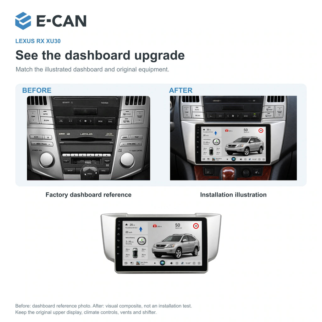 Factory dashboard reference and installation illustration for Lexus RX XU30 XU30 2003–2009