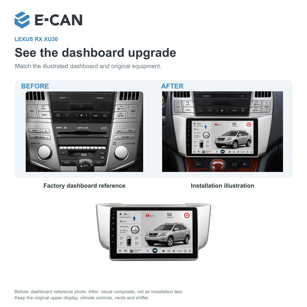 Factory dashboard reference and installation illustration for Lexus RX XU30 XU30 2003–2009