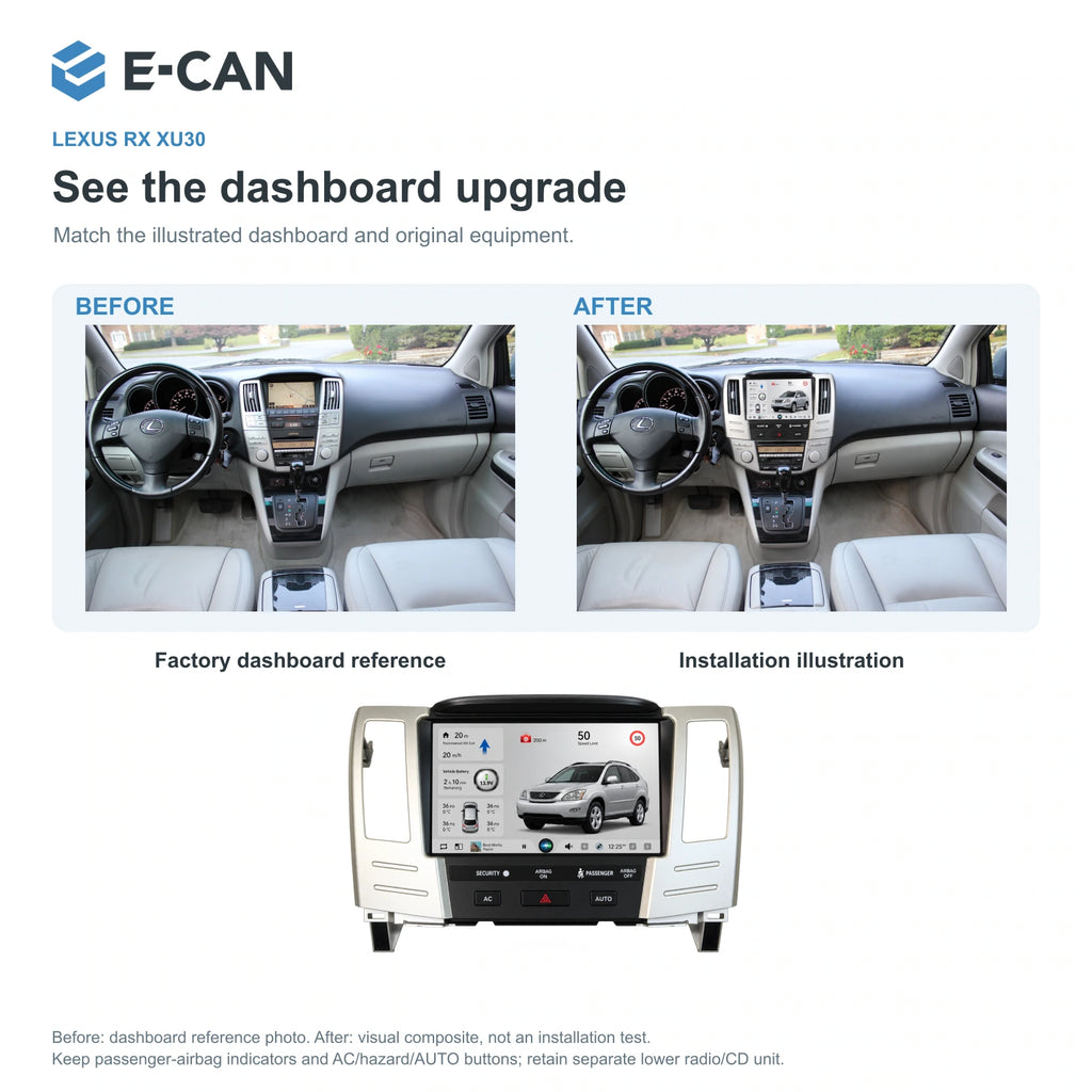 Factory dashboard reference and installation illustration for Lexus RX XU30 XU30 2003–2009