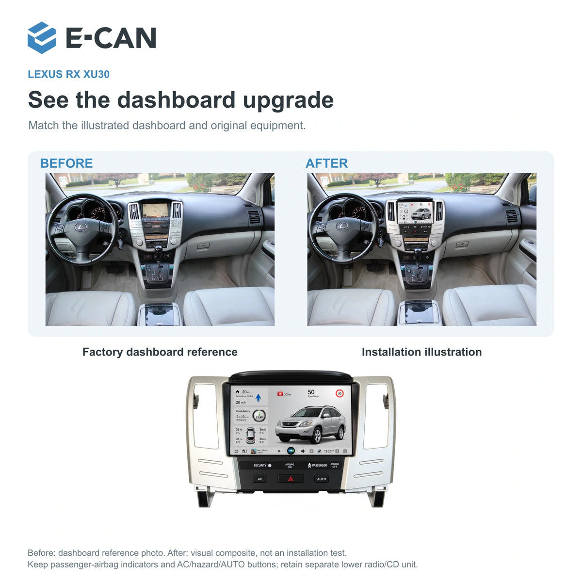 Factory dashboard reference and installation illustration for Lexus RX XU30 XU30 2003–2009