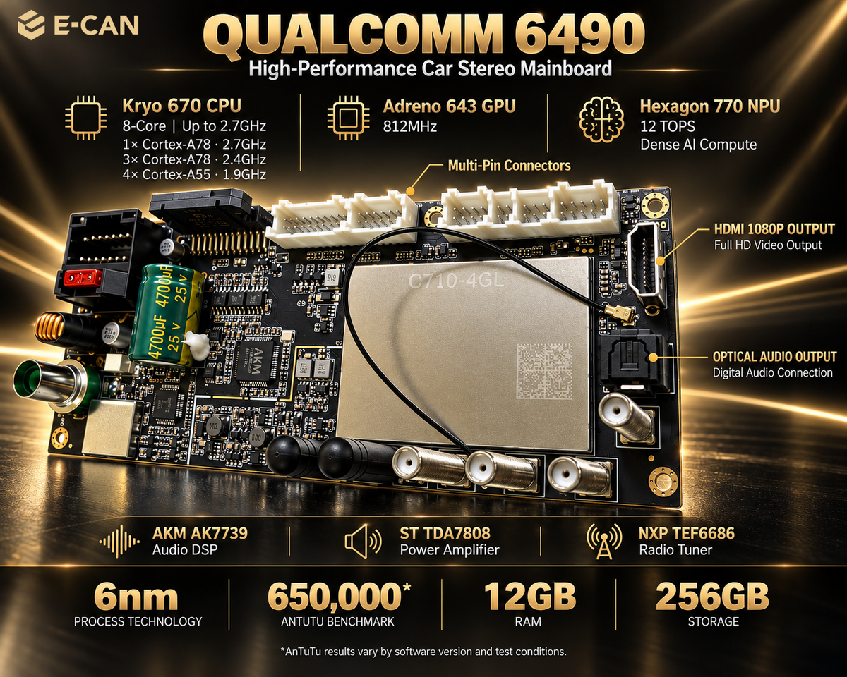 SP10 Qualcomm 6490 mainboard with AKM7739 DSP, TDA7808 amplifier and NXP TEF6686 radio tuner