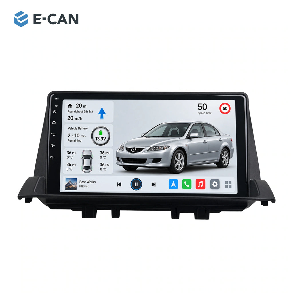 9-inch head unit with vehicle-specific fascia and SP10 interface for Mazda6 GG / GY First generation · upper dashboard pod 2002–2008