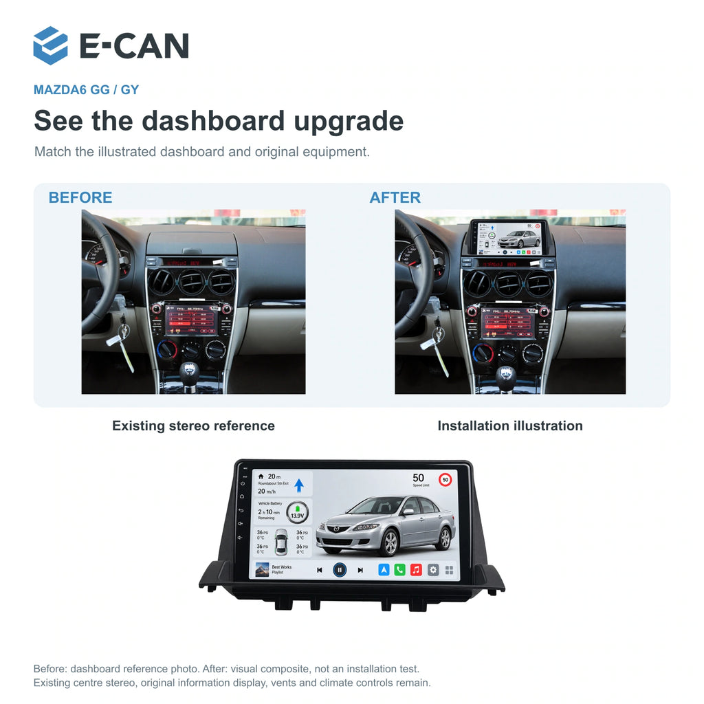 Factory dashboard reference and installation illustration for Mazda6 GG / GY First generation · upper dashboard pod 2002–2008