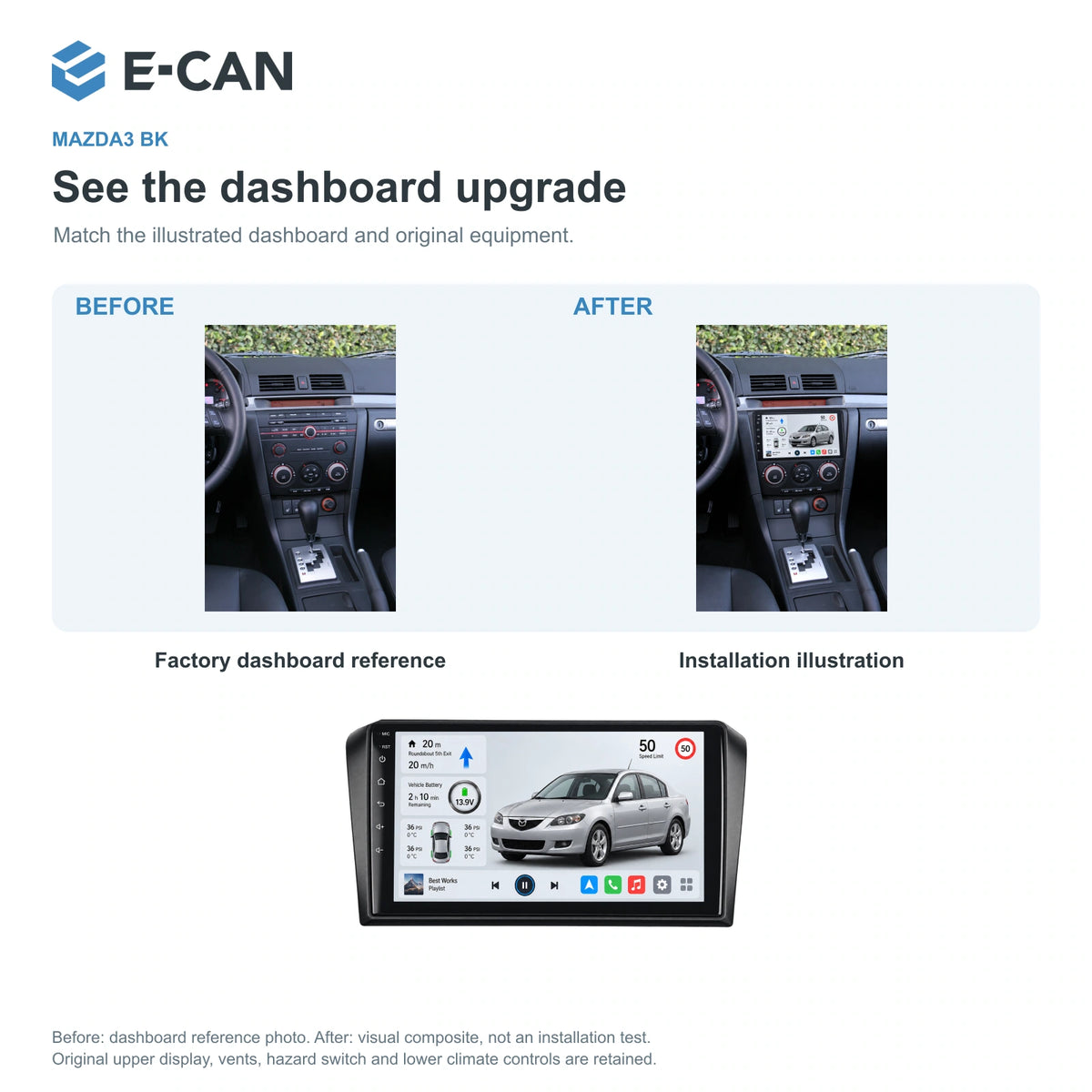 Factory dashboard reference and installation illustration for Mazda3 BK First generation · centre radio fascia 2004–2009
