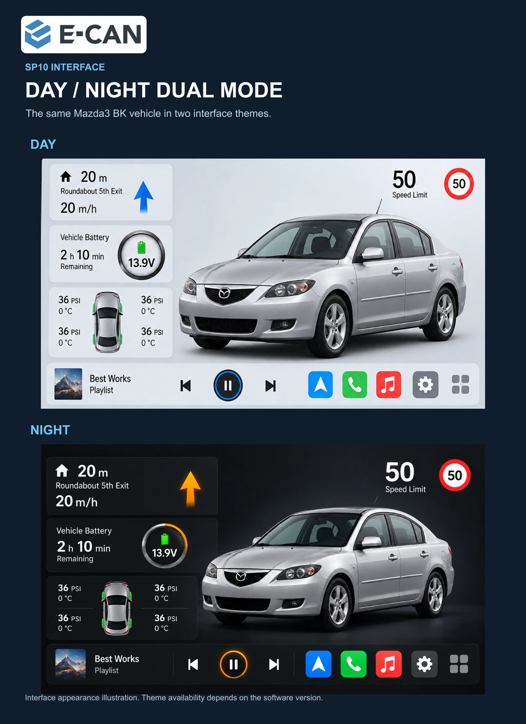 SP10 day and night interfaces with the same Mazda3 BK vehicle for Mazda3 BK First generation · centre radio fascia 2004–2009