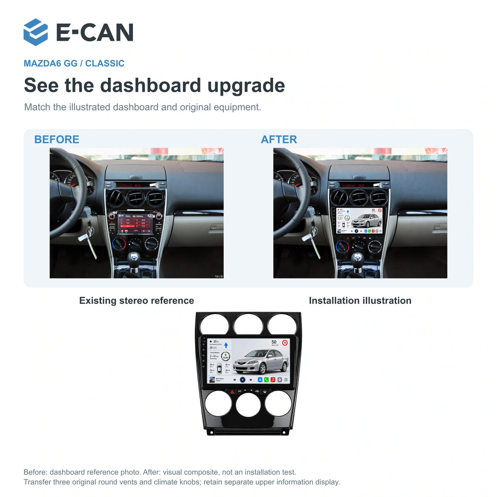 Factory dashboard reference and installation illustration for Mazda6 GG / Classic GG-style / Classic · full centre fascia 2004–2015