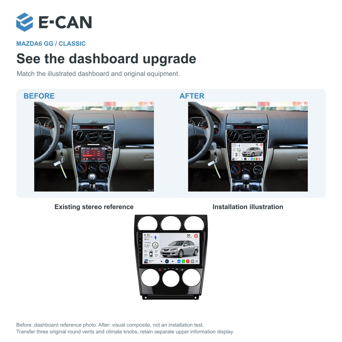 Factory dashboard reference and installation illustration for Mazda6 GG / Classic GG-style / Classic · full centre fascia 2004–2015