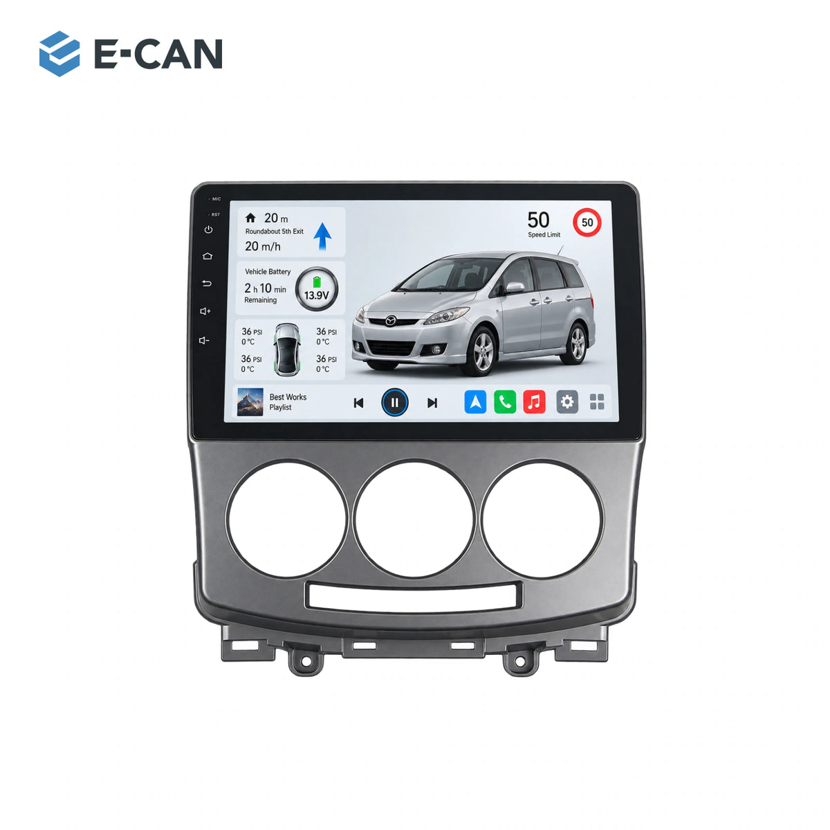 9-inch head unit with vehicle-specific fascia and SP10 interface for Mazda5 / Premacy CR First generation · silver centre fascia 2005–2010