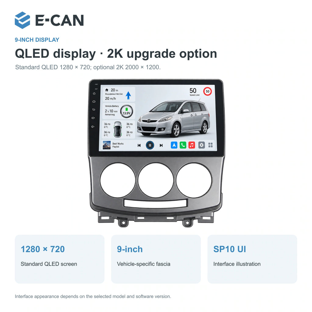 QLED display · 2K upgrade option for Mazda5 / Premacy CR First generation · silver centre fascia 2005–2010