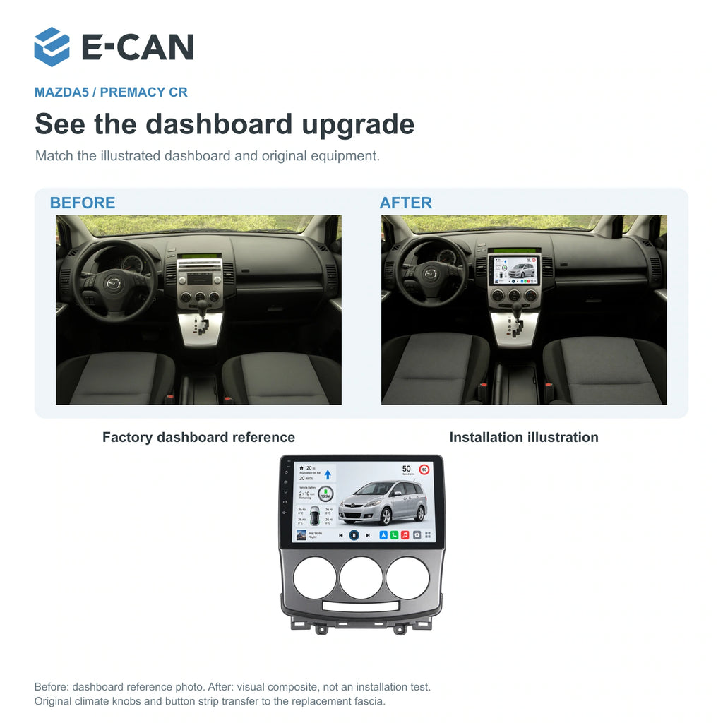 Factory dashboard reference and installation illustration for Mazda5 / Premacy CR First generation · silver centre fascia 2005–2010