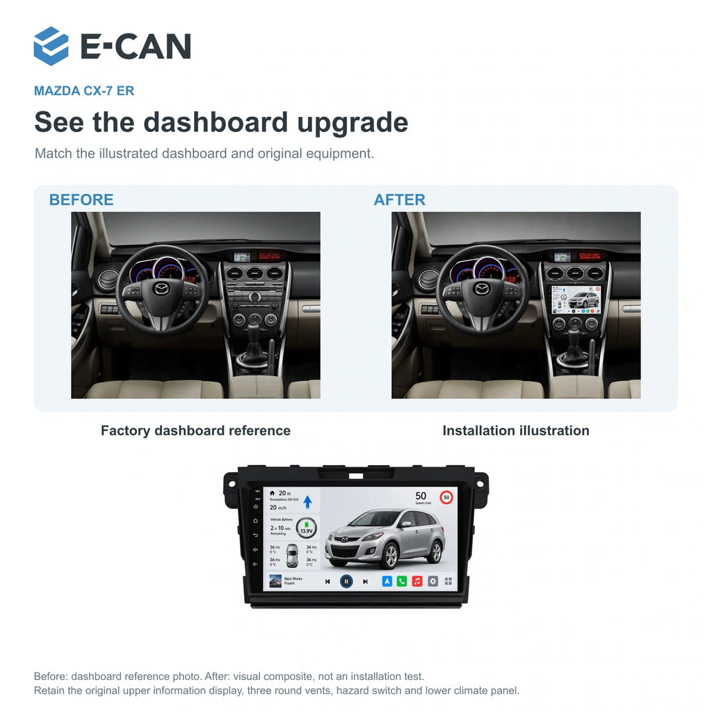 Factory dashboard reference and installation illustration for Mazda CX-7 ER ER generation · centre radio fascia 2007–2012