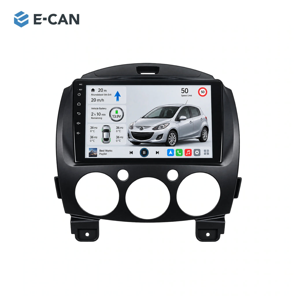 9-inch head unit with vehicle-specific fascia and SP10 interface for Mazda2 / Demio DE DE generation · integrated climate fascia 2007–2014