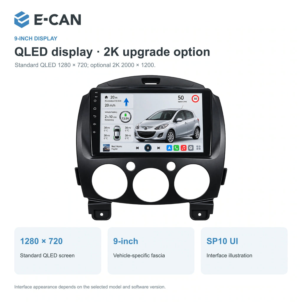 QLED display · 2K upgrade option for Mazda2 / Demio DE DE generation · integrated climate fascia 2007–2014