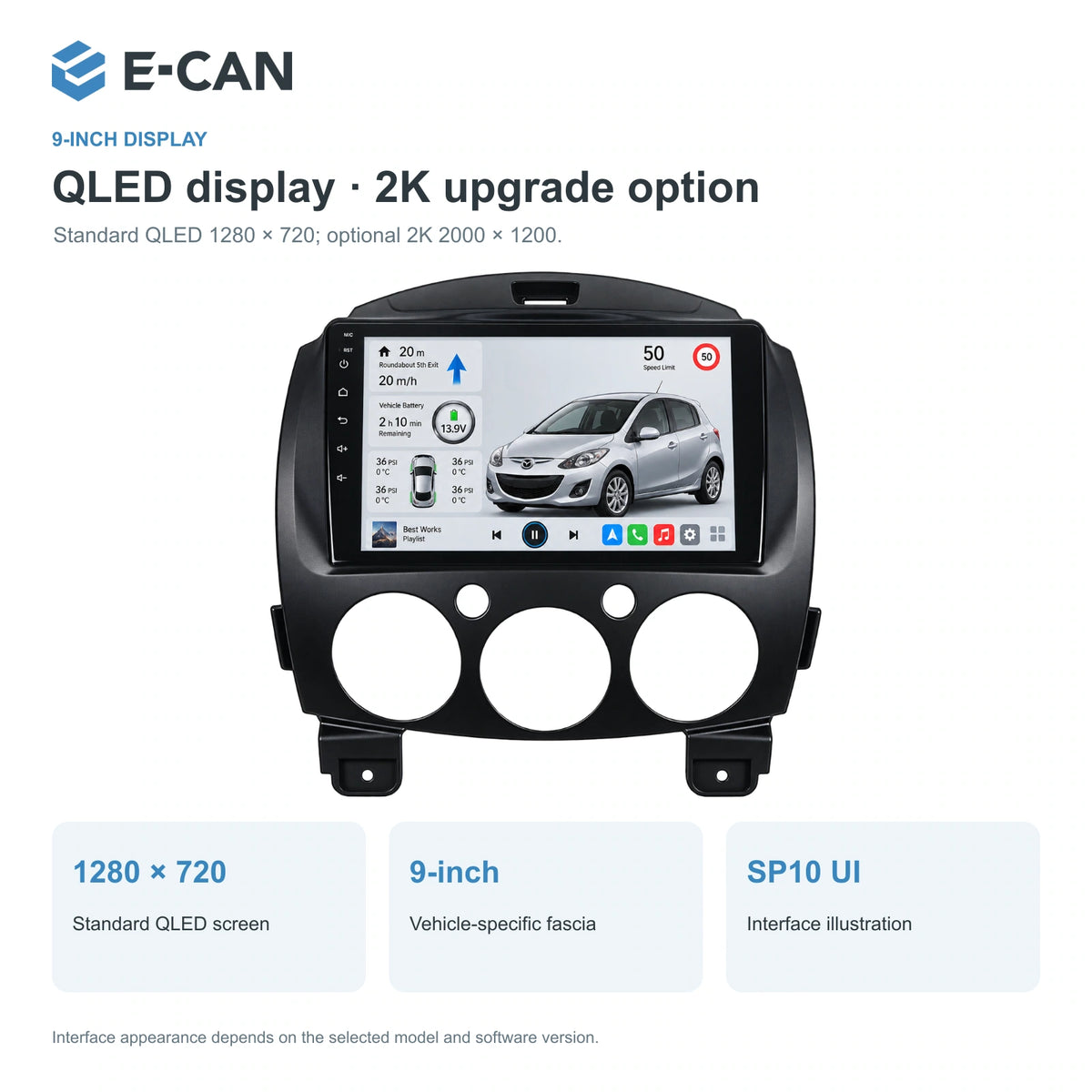 QLED display · 2K upgrade option for Mazda2 / Demio DE DE generation · integrated climate fascia 2007–2014