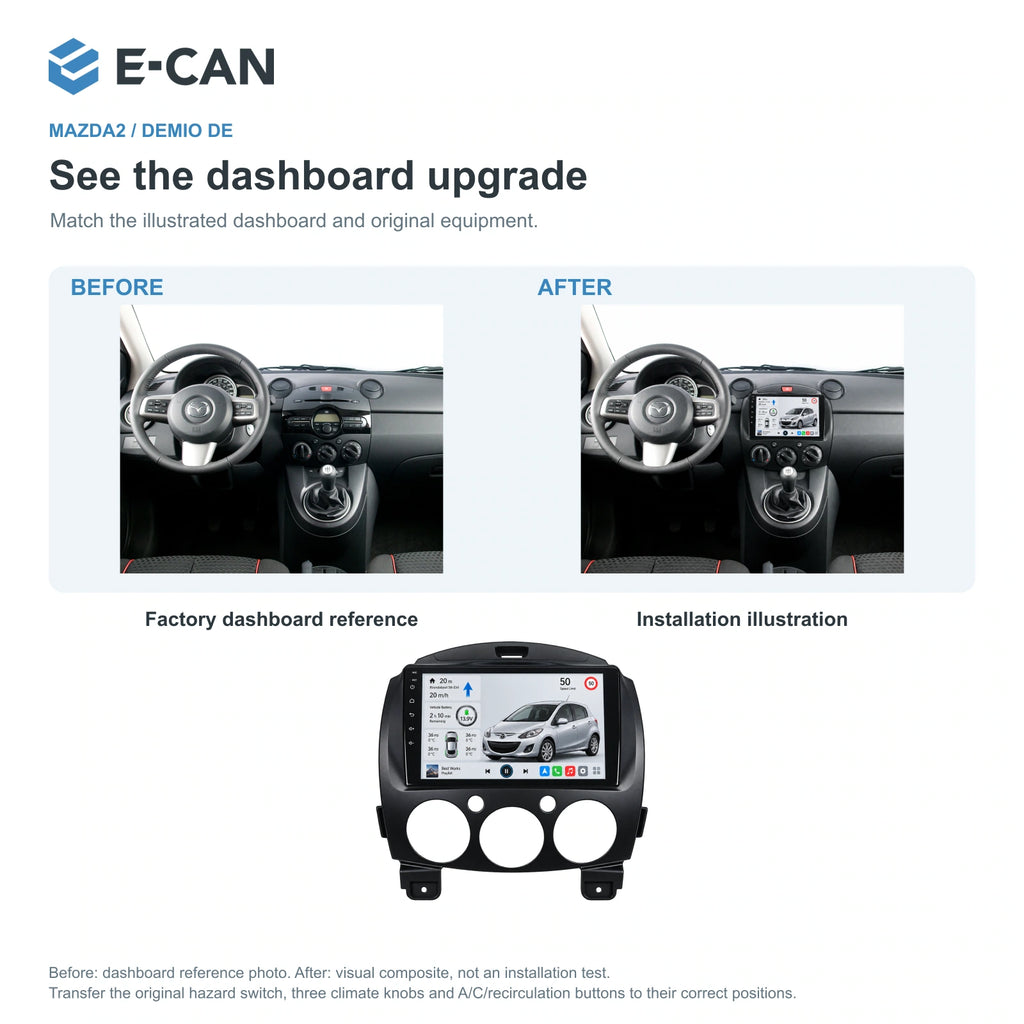 Factory dashboard reference and installation illustration for Mazda2 / Demio DE DE generation · integrated climate fascia 2007–2014