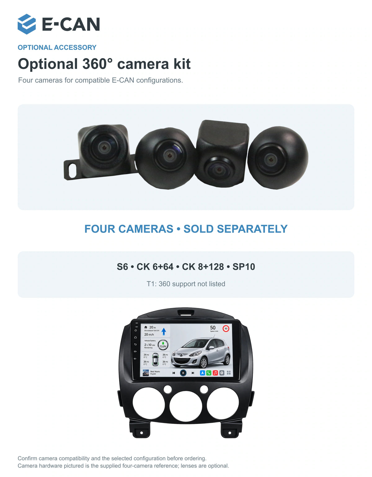 Optional 360° four-camera kit for Mazda2 / Demio DE DE generation · integrated climate fascia 2007–2014