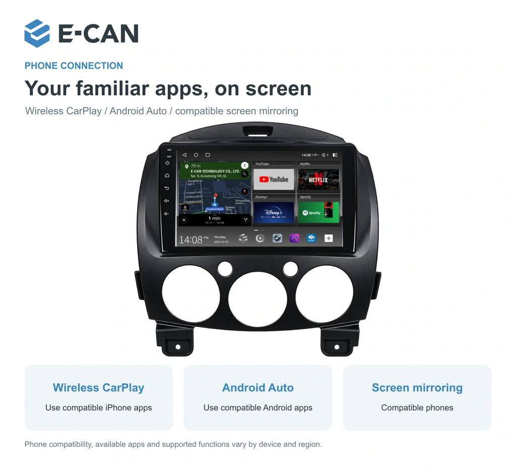 Wireless CarPlay, Android Auto and screen mirroring for Mazda2 / Demio DE DE generation · integrated climate fascia 2007–2014