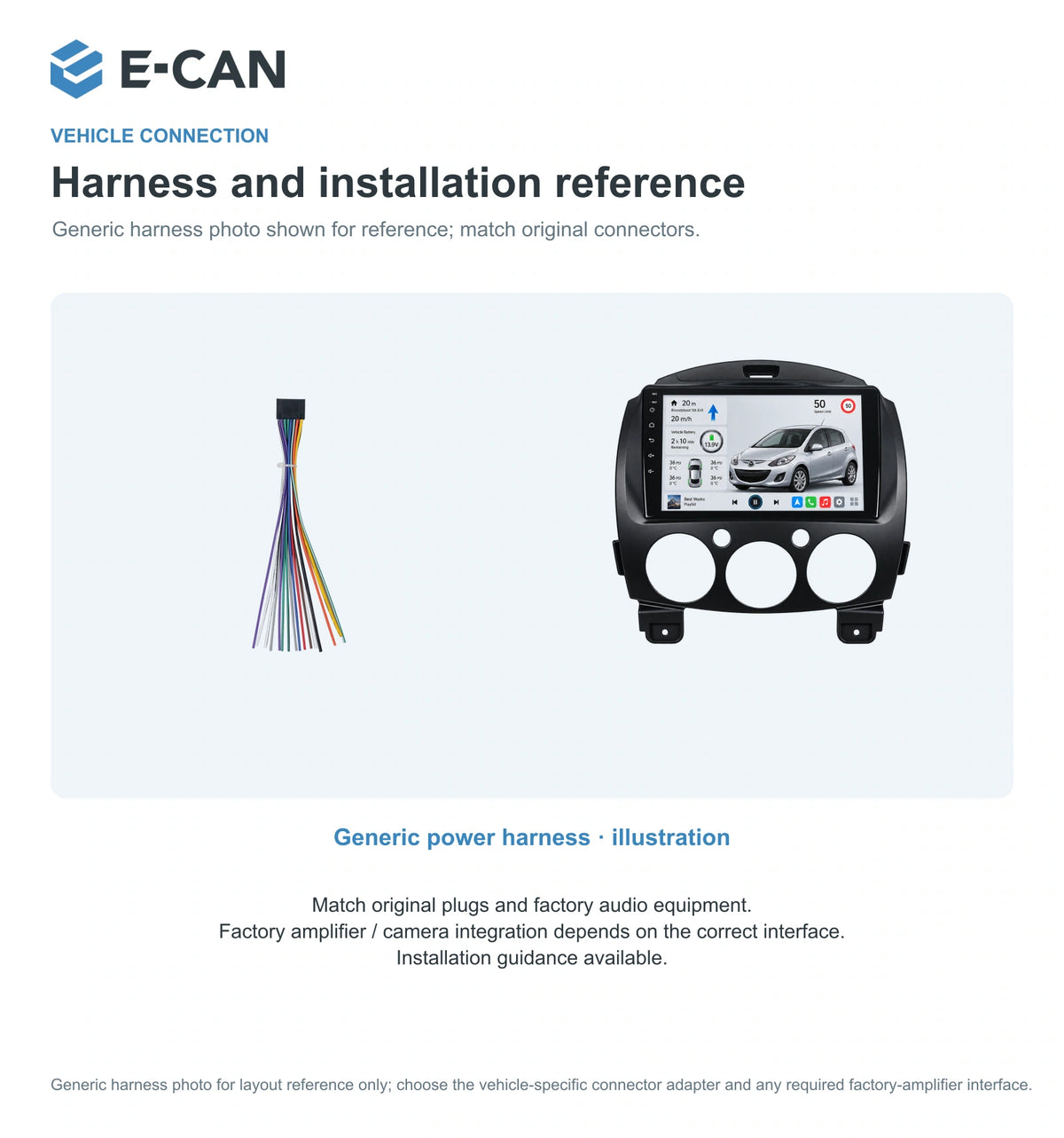 Generic power harness · illustration for Mazda2 / Demio DE DE generation · integrated climate fascia 2007–2014
