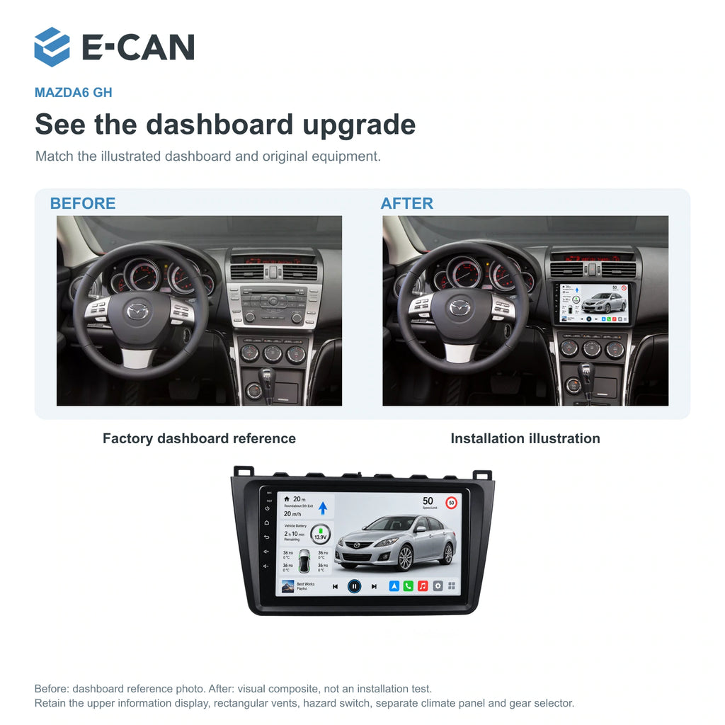 Factory dashboard reference and installation illustration for Mazda6 GH GH generation · centre radio fascia 2008–2012