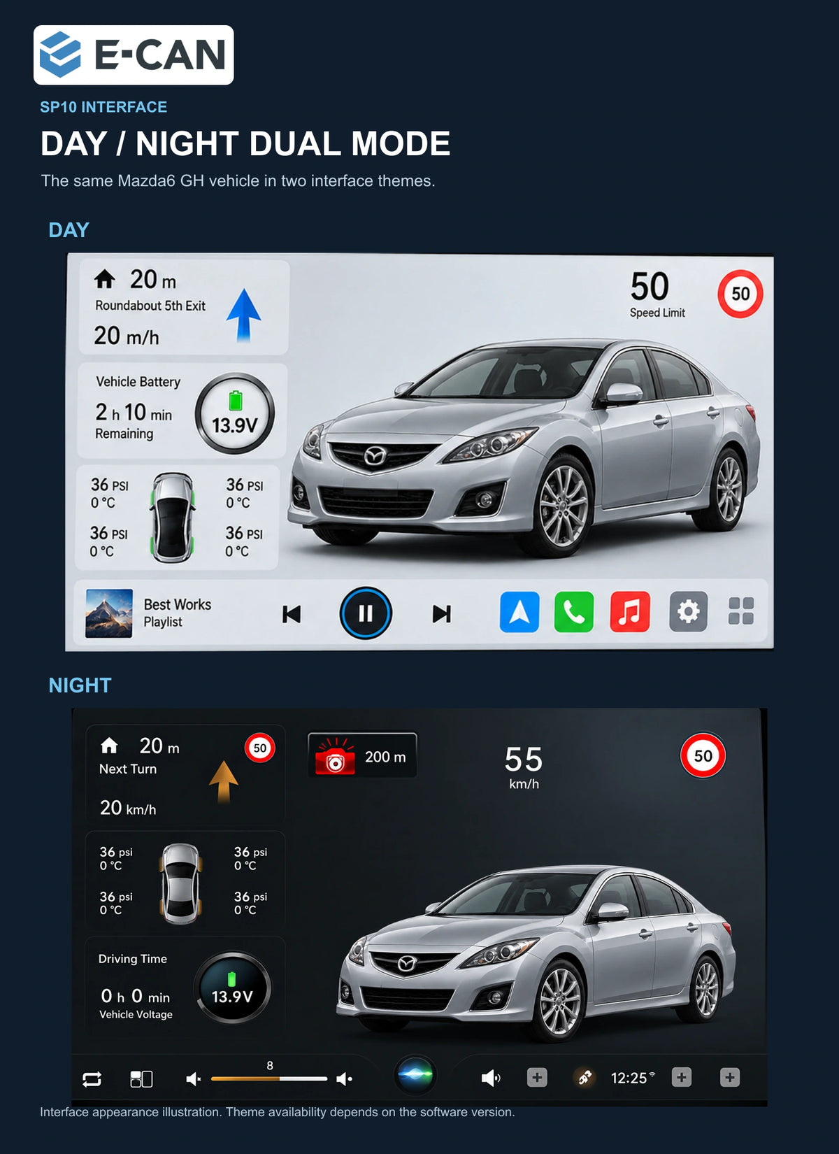 SP10 day and night interfaces with the same Mazda6 GH vehicle for Mazda6 GH GH generation · centre radio fascia 2008–2012