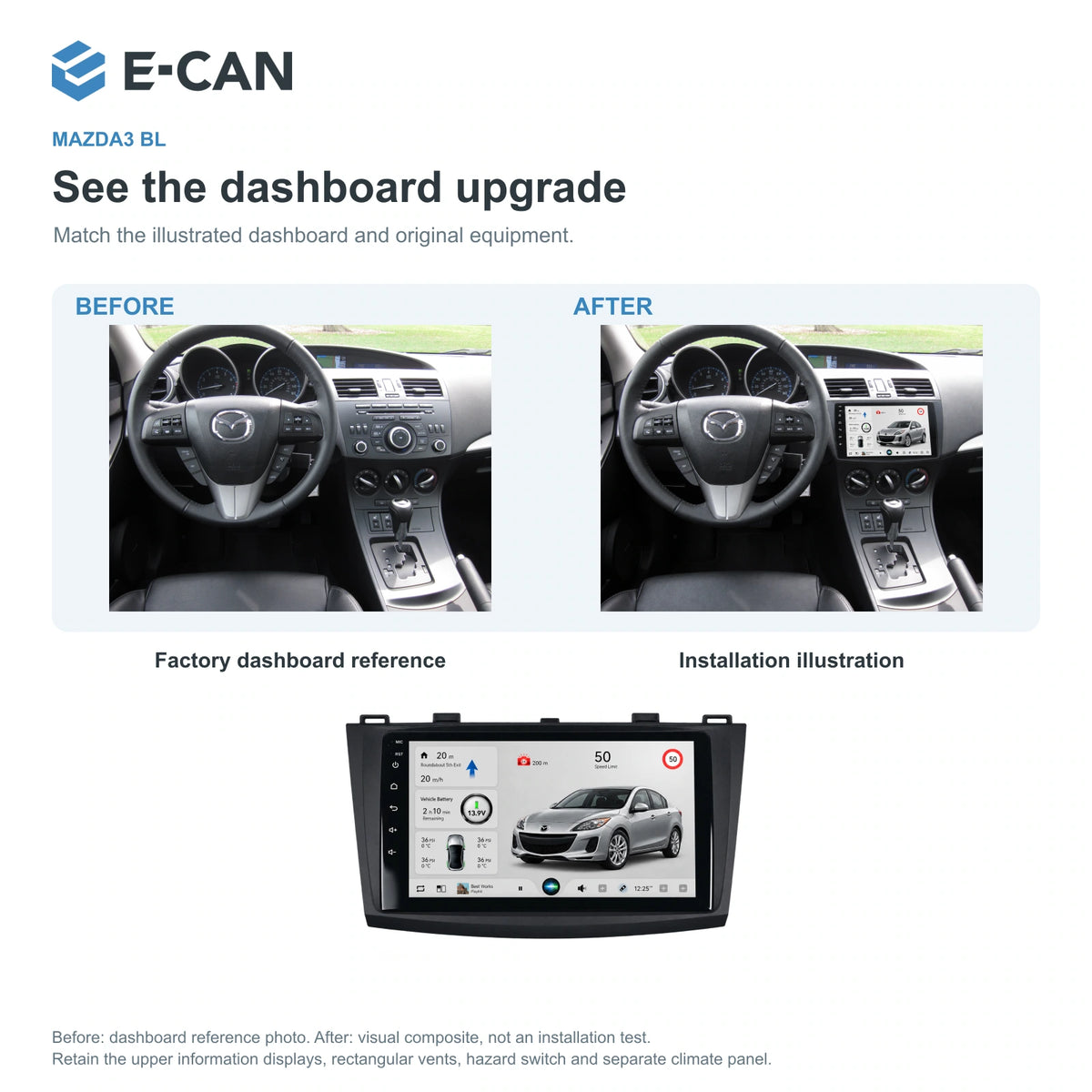 Factory dashboard reference and installation illustration for Mazda3 BL Second generation BL · centre radio fascia 2009–2013