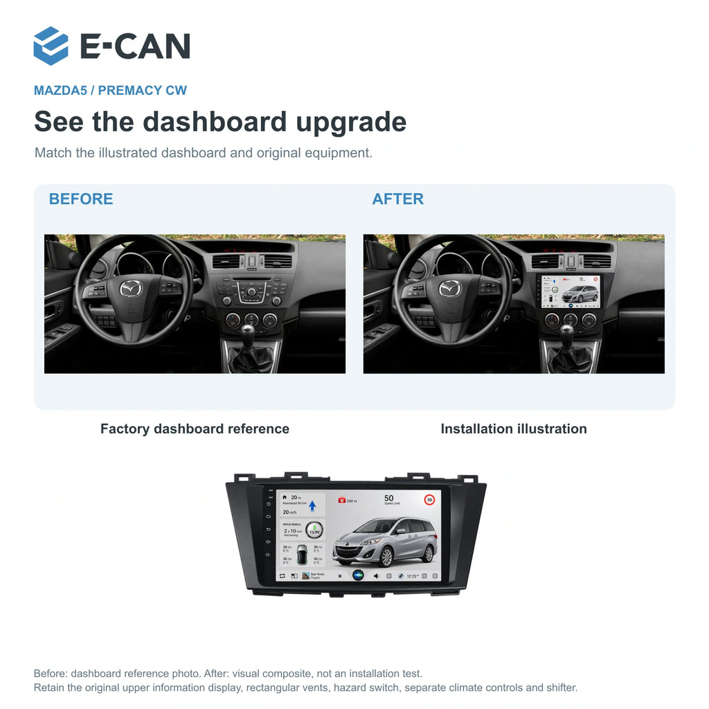 Factory dashboard reference and installation illustration for Mazda5 / Premacy CW Second generation CW · centre radio fascia 2010–2015