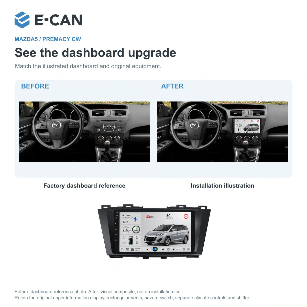 Factory dashboard reference and installation illustration for Mazda5 / Premacy CW Second generation CW · centre radio fascia 2010–2015