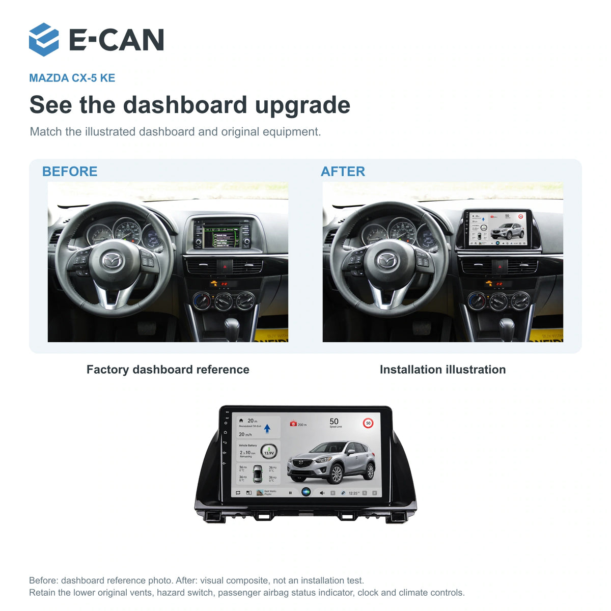 Factory dashboard reference and installation illustration for Mazda CX-5 KE First generation KE · raised radio fascia 2012–2015
