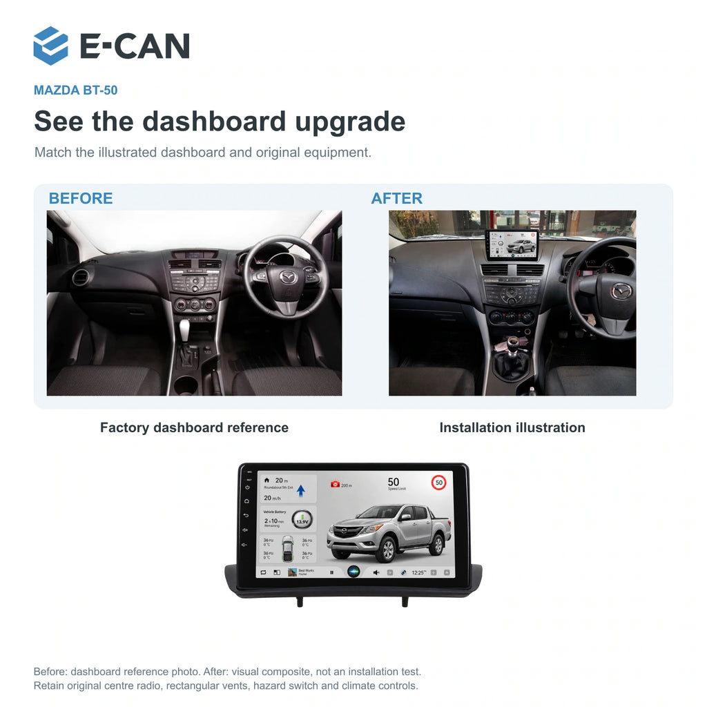 Factory dashboard reference and installation illustration for Mazda BT-50 Second generation · upper dashboard pod 2012–2017