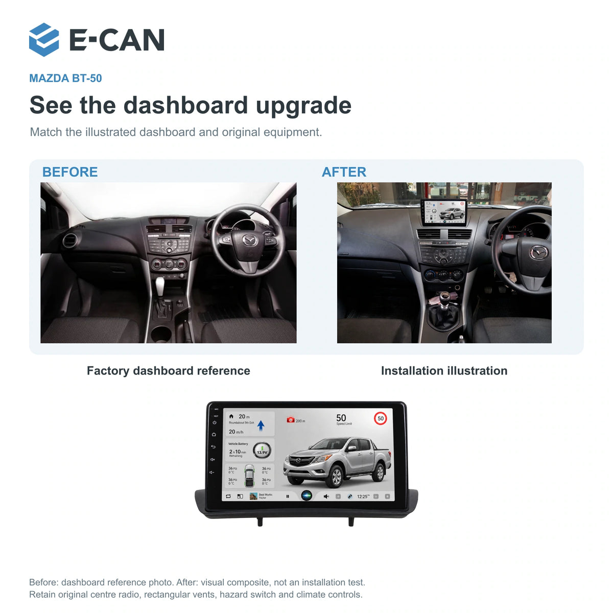 Factory dashboard reference and installation illustration for Mazda BT-50 Second generation · upper dashboard pod 2012–2017