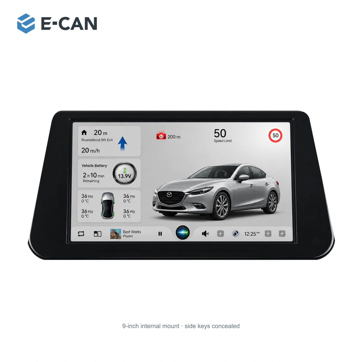 9-inch head unit with vehicle-specific fascia and SP10 interface for Mazda3 / Axela BM / BN Third generation BM / BN · 9-inch internal mount 2014–2019