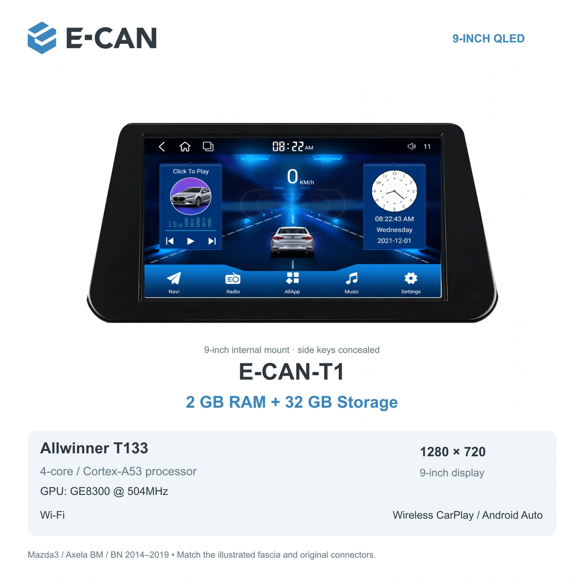 Mazda3 / Axela BM / BN 2014–2019; T1 · 2GB + 32GB configuration illustration
