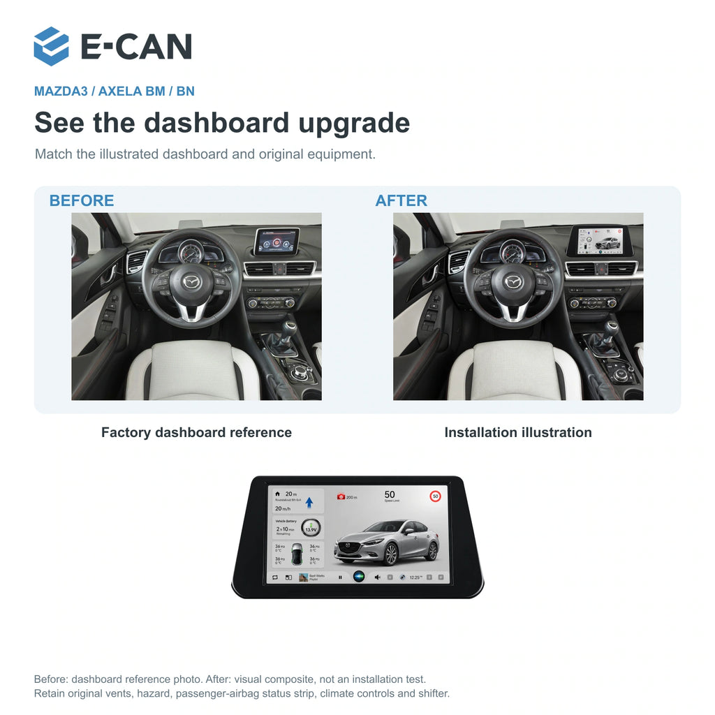 Factory dashboard reference and installation illustration for Mazda3 / Axela BM / BN Third generation BM / BN · 9-inch internal mount 2014–2019