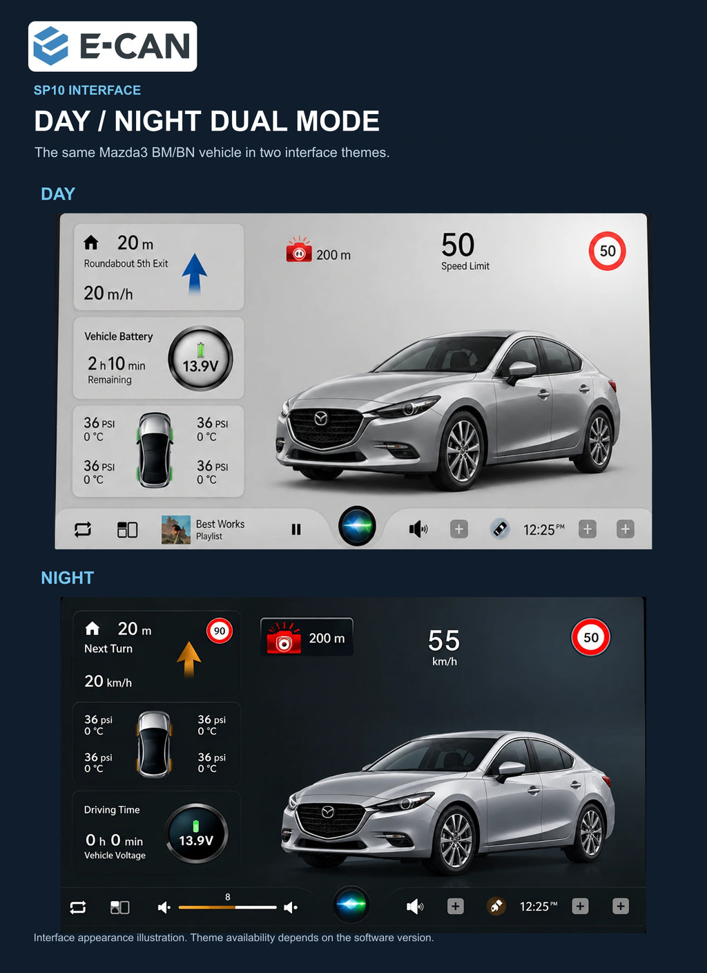 SP10 day and night interfaces with the same Mazda3 BM/BN vehicle for Mazda3 / Axela BM / BN Third generation BM / BN · 9-inch internal mount 2014–2019