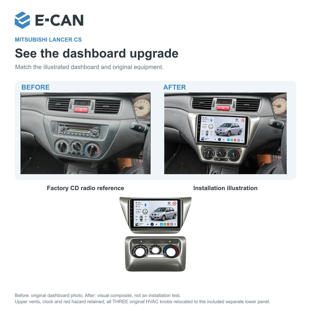 Mitsubishi Lancer CS 2003–2006 9-inch — 03 installation comparison; installation illustration, not a physical test