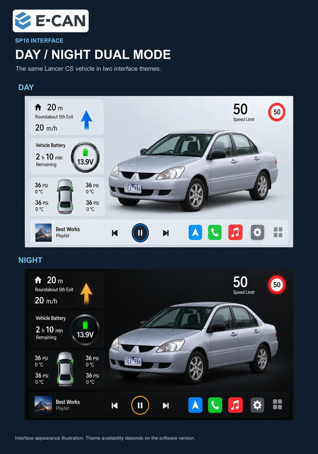 Mitsubishi Lancer CS 2003–2006 9-inch — 06b day night ui; interface illustration