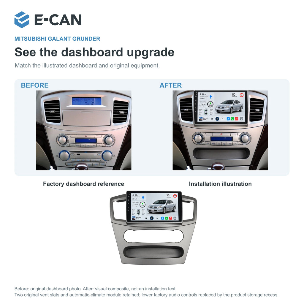 Mitsubishi Galant Grunder 2005–2009 9-inch — 03 installation comparison; installation illustration, not a physical test