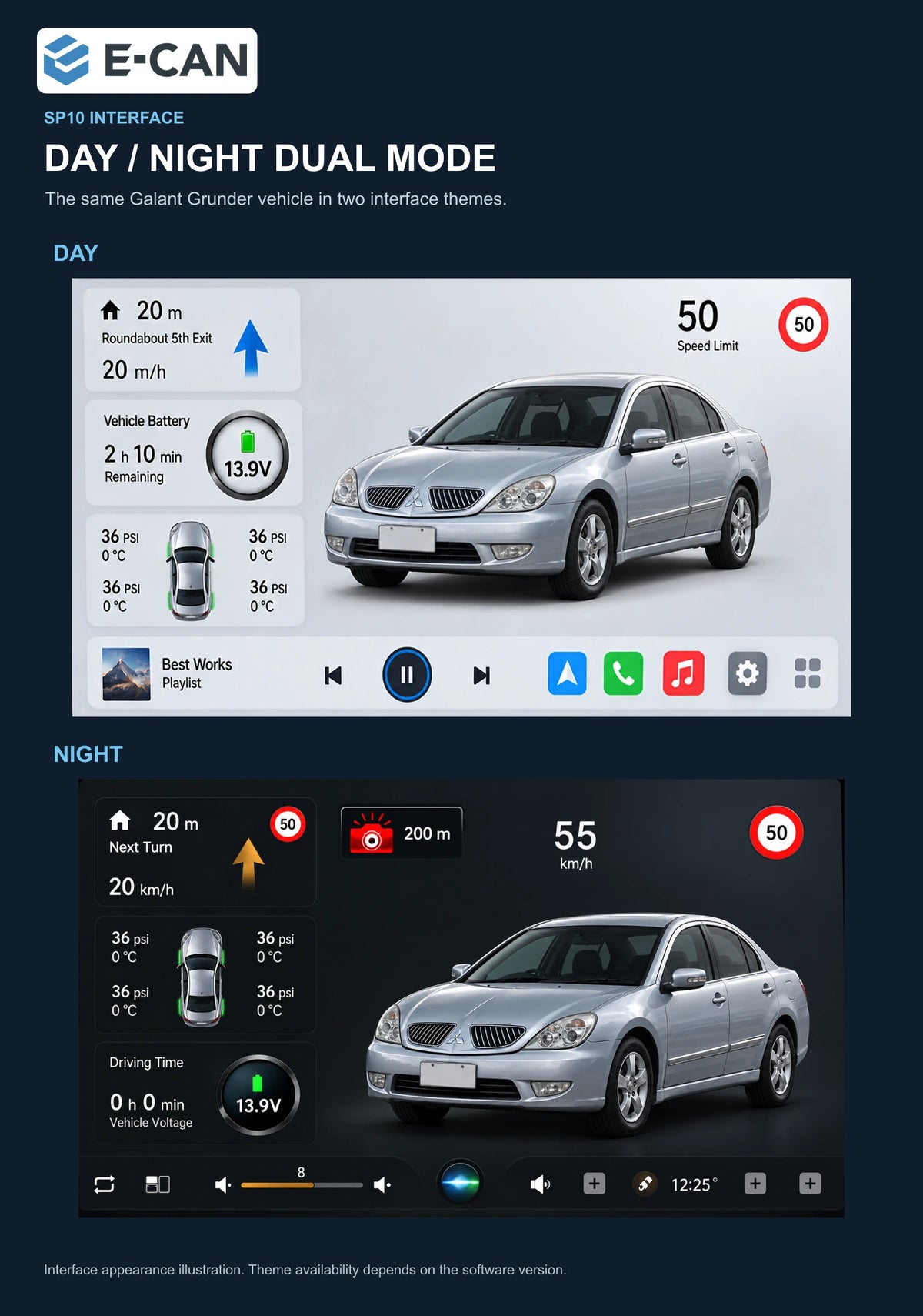 Mitsubishi Galant Grunder 2005–2009 9-inch — 06b day night ui; interface illustration