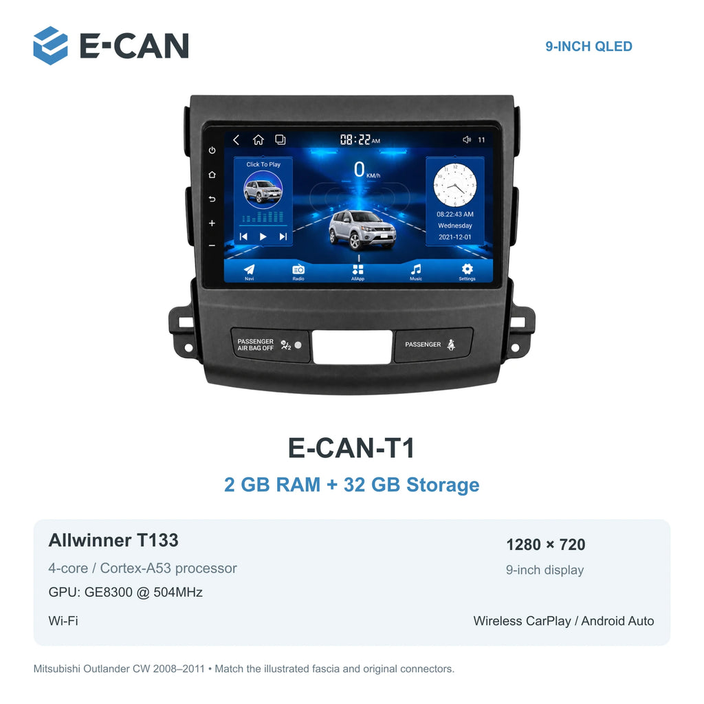 Mitsubishi Outlander CW 2008–2011 9-inch — 01 t1 2 32gb; interface illustration