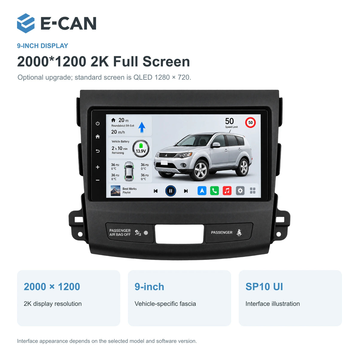 Mitsubishi Outlander CW 2008–2011 9-inch — 02 2k display; optional screen upgrade