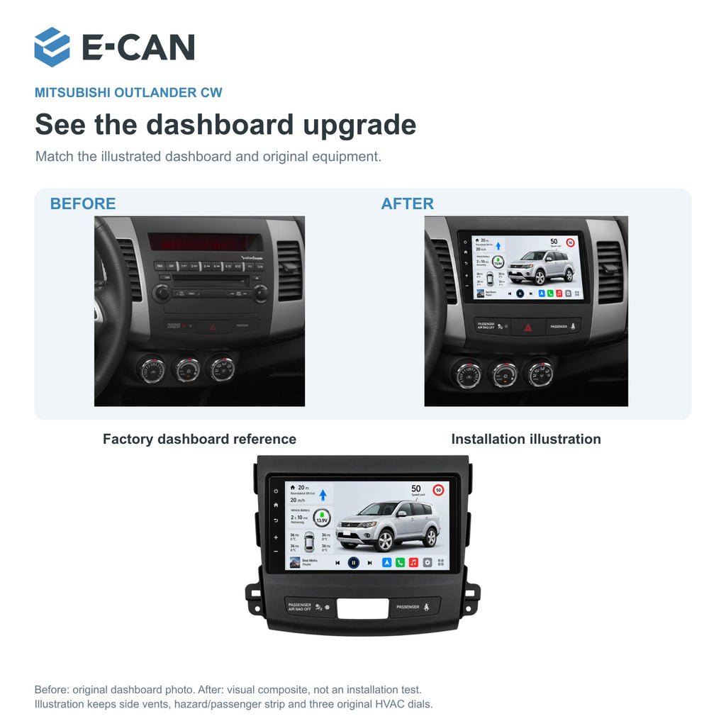 Mitsubishi Outlander CW 2008–2011 9-inch — 03 installation comparison; installation illustration, not a physical test