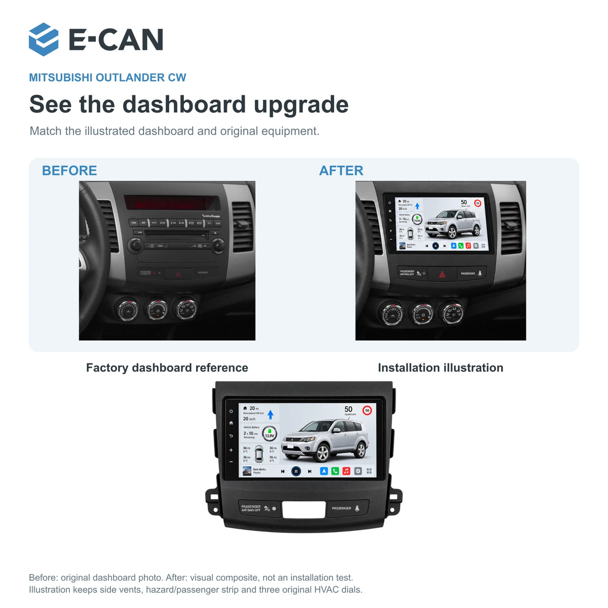 Mitsubishi Outlander CW 2008–2011 9-inch — 03 installation comparison; installation illustration, not a physical test