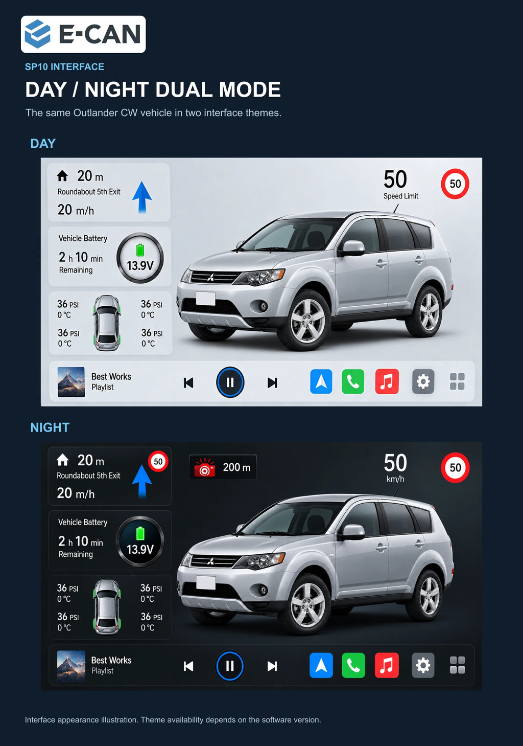Mitsubishi Outlander CW 2008–2011 9-inch — 06b day night ui; interface illustration