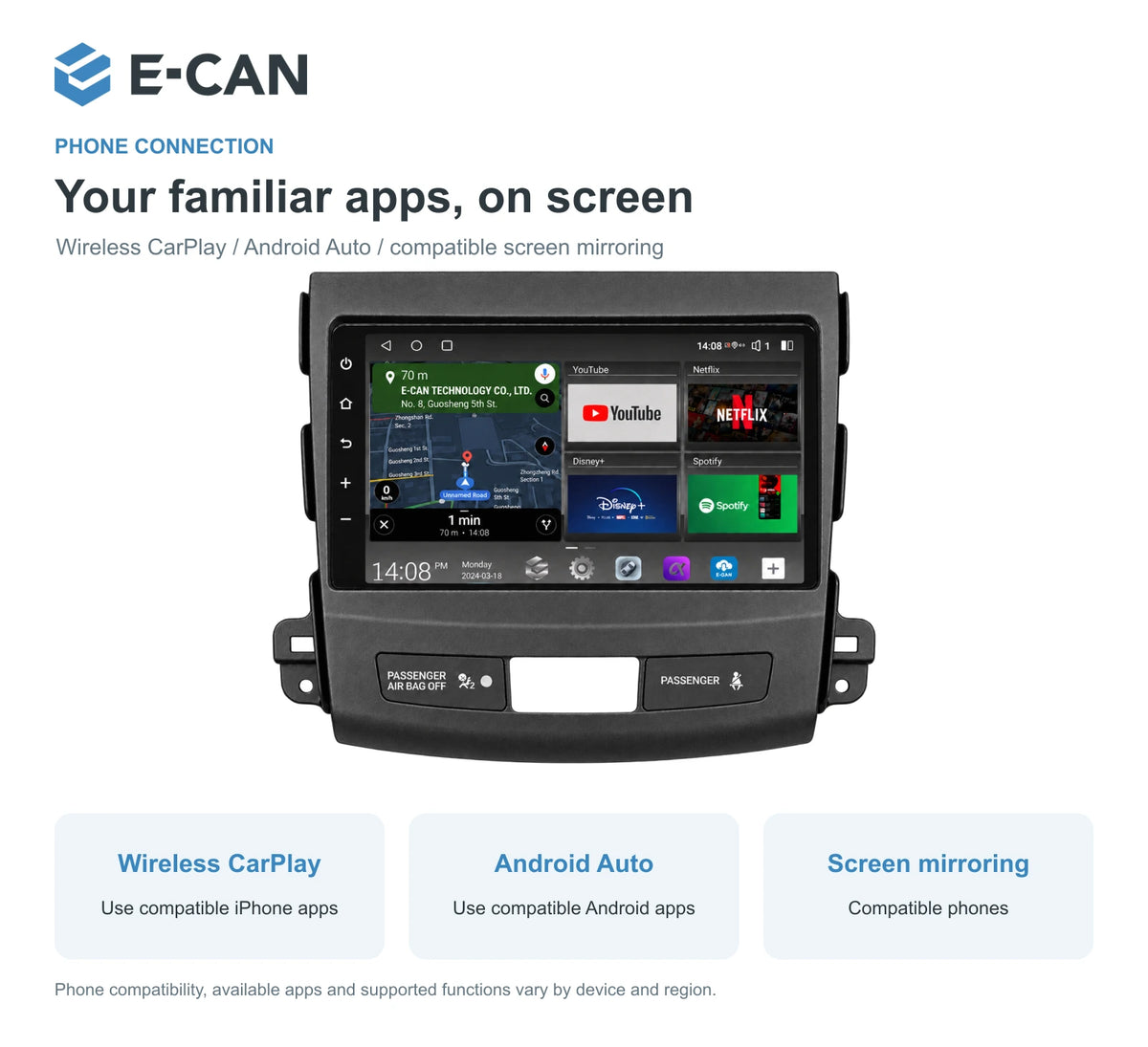 Mitsubishi Outlander CW 2008–2011 9-inch — 07 wireless phone link; interface illustration