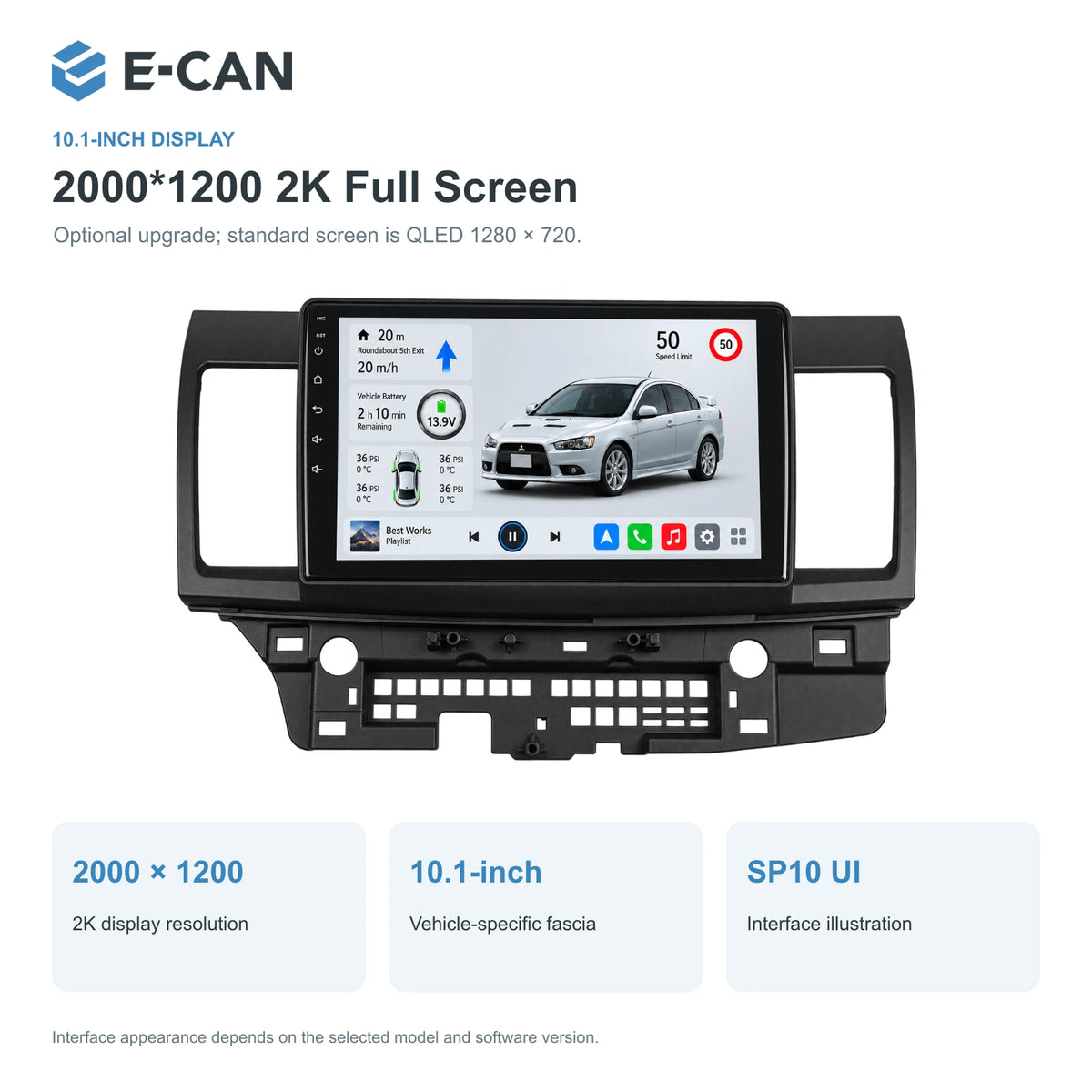 Mitsubishi Lancer CJ 2007–2012 10.1-inch — 02 2k display; optional screen upgrade; LHD pictured, select LHD or RHD version